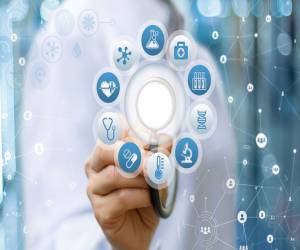 Digital graphics of health symbols around a Doctor's stethoscope