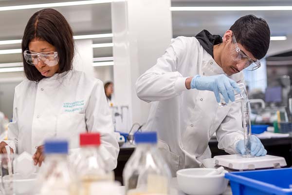 Female and male student working side by side in a lab