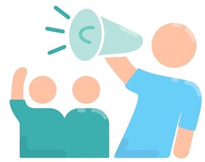 A drawing of a parent with a megaphone with two children