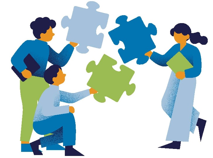 A drawing of people holding large jigsaw pieces and bringing them together