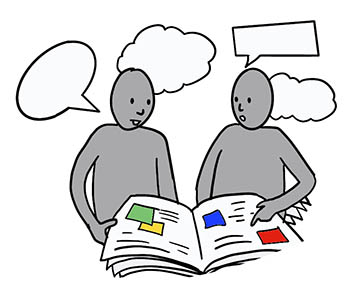 A sketch of two figures having a conversation with an open book in front of them