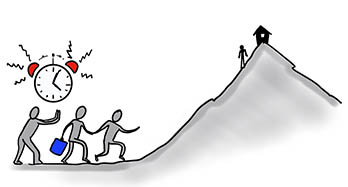 A sketch of 3 figures walking up a hill with another person waiting at the top. An alarm clock is ringing in the background