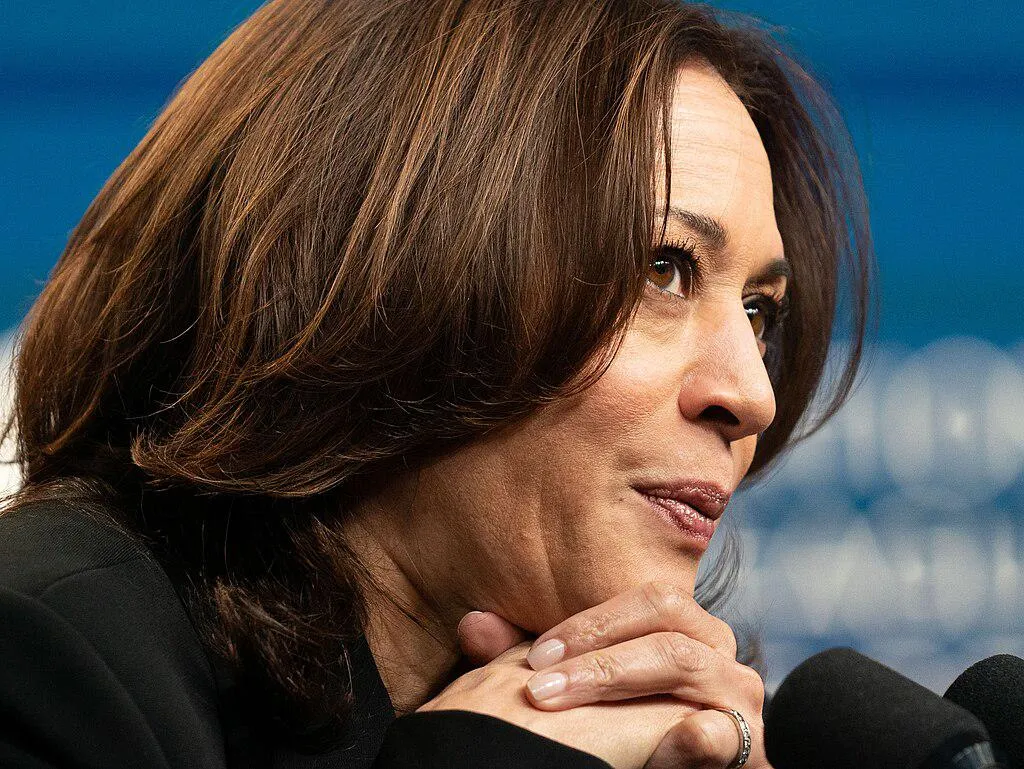 Kamala Harris profile at a microphone 