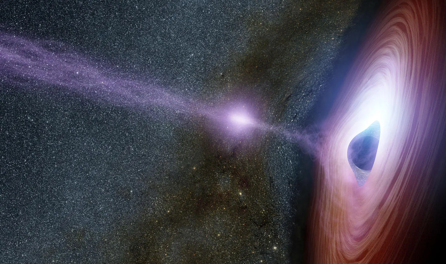 Artist's impression of a spacescape with a black hole drawing in matter